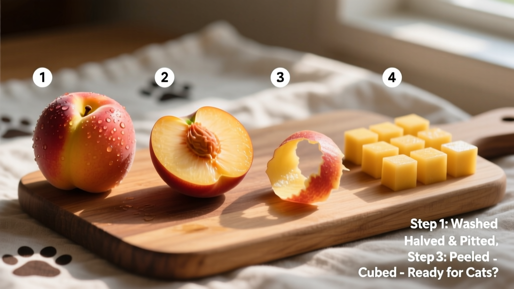 Step-by-step visual: washed nectarine, halved and pitted, peeled, then cut into small cubes ready for safe feline sampling