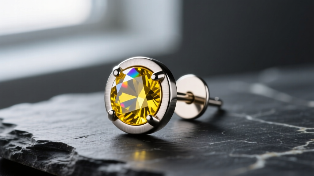 Macro shot of a 16-gauge titanium flat back yellow stud earring with a bezel-set yellow sapphire, resting on a dark slate surface