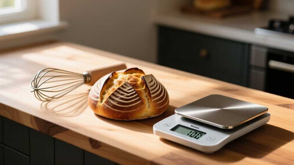 Wooden counter with a scored sourdough boule, Danish dough whisk, and digital baking scale bathed in warm morning light.