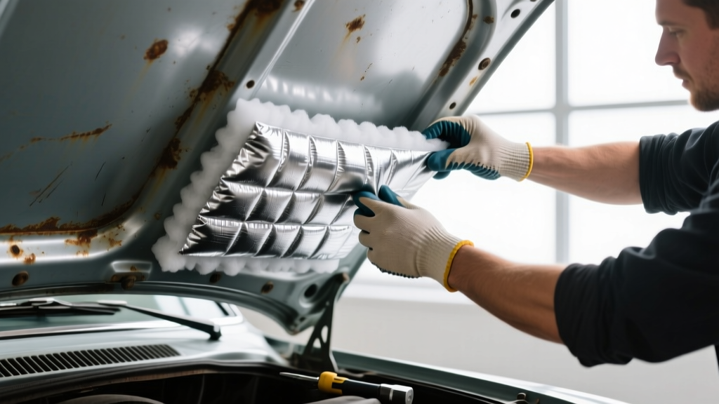 Close-up of a mechanic installing silver reflective closed-cell foam car hood insulation material onto the underside of a classic steel vehicle hood