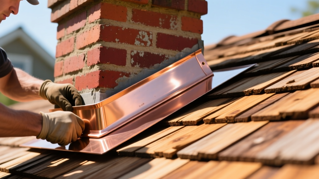 Close-up of a roofer installing 16oz copper step flashing against a cedar shingle roof and brick chimney on a bright sunny day
