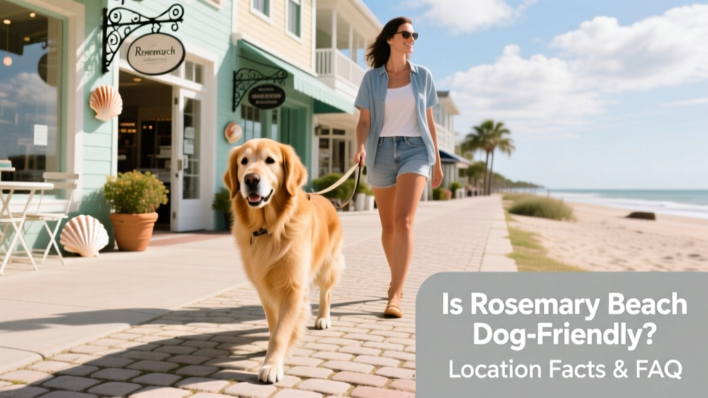 Leashed golden retriever walking along Rosemary Beach’s cobblestone path with boutique storefronts in background