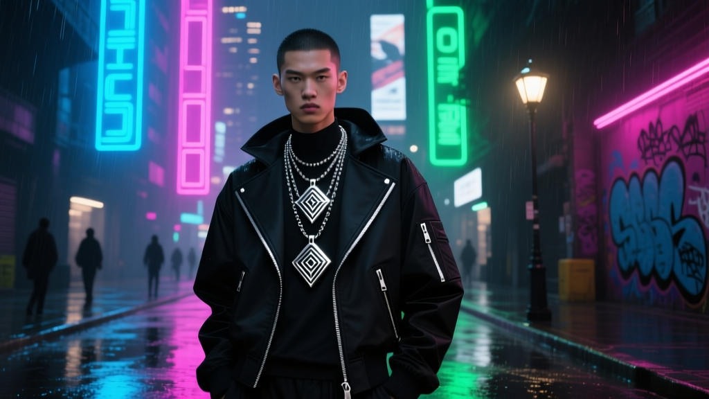 Streetwear model wearing layered gunmetal titanium steel pendants over a black techwear jacket in an urban neon-lit night setting