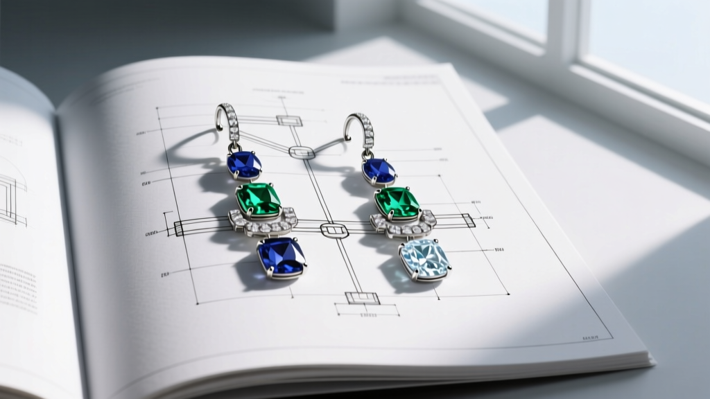 Technical blueprint sketch showing articulated jump-ring connections and weight distribution of a multi-tier diamond drop earring