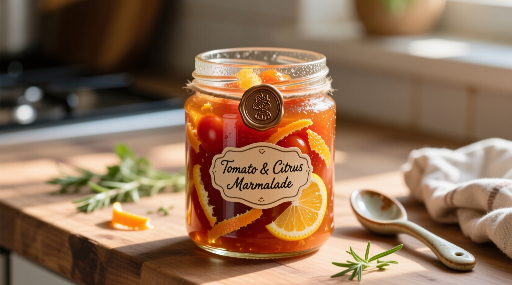 Homemade tomato marmalade in glass jar with citrus peel