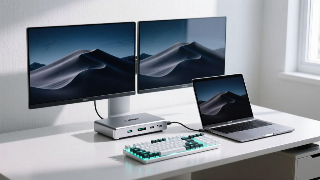 Clean minimalist desk setup featuring a silver CalDigit TS4 Thunderbolt dock connecting a MacBook Pro to dual 4K monitors and mechanical keyboard