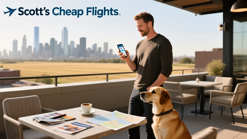 Scott Keyes from Scott's Cheap Flights posing with his dog