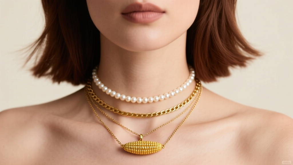 A woman wearing a layered necklace stack featuring a 25mm gold cornicello on a figaro chain alongside a delicate pearl choker.