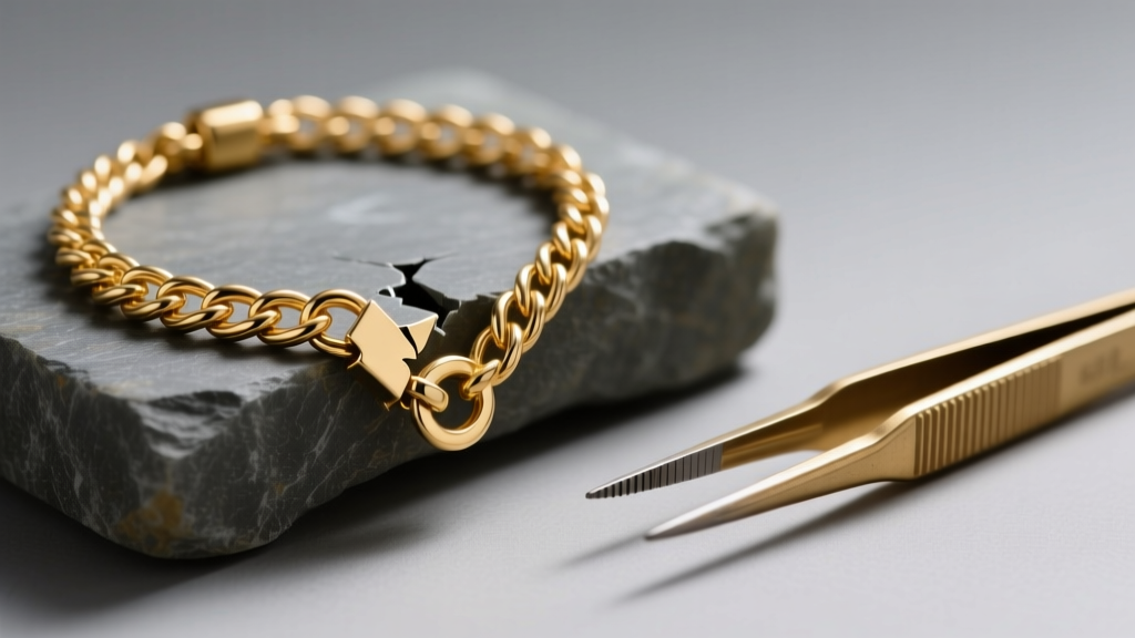Macro shot of a broken 14k gold cable chain necklace on a slate bench block next to brass tweezers under soft studio light