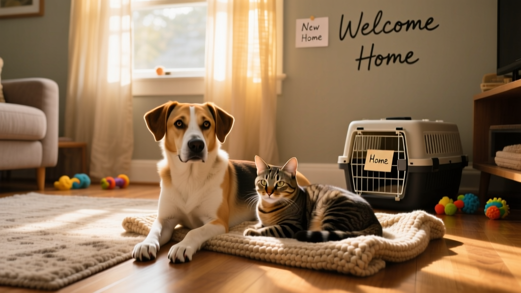 A calm, well-lit photo of a dog and cat peacefully sharing a sunlit living room, symbolizing a smooth, compassionate rehoming transition