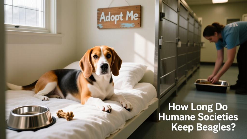 A friendly Beagle sitting calmly in a shelter kennel with a soft bed and water bowl