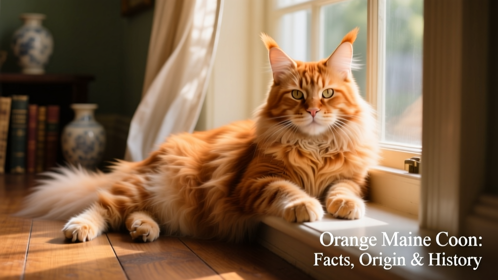 An orange Maine Coon lounging on a sunlit windowsill, showcasing its thick, rust-colored fur and tufted ears