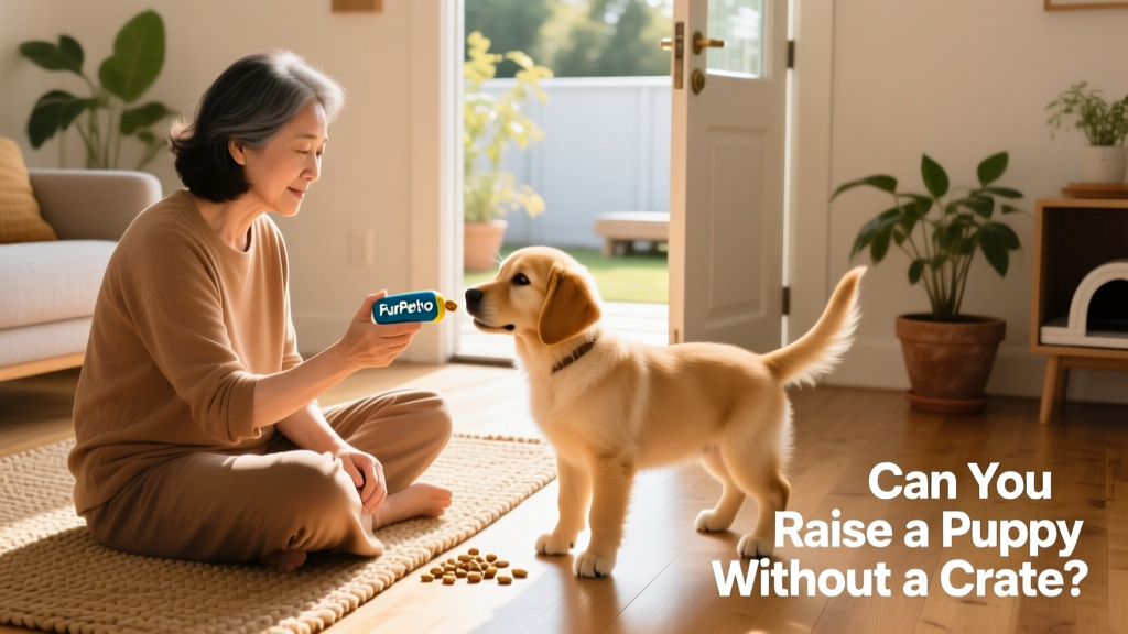 Person sitting on the floor gently training a puppy with treats and a FurPetVo clicker