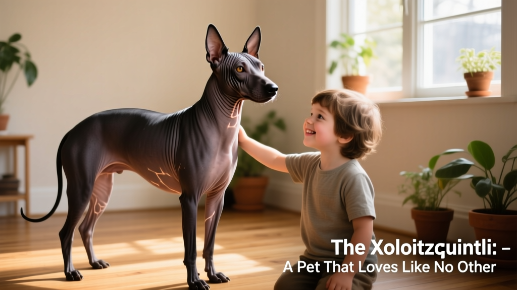 A sleek, dark-coated Xoloitzcuintli standing confidently beside a child, highlighting its elegant posture and expressive eyes
