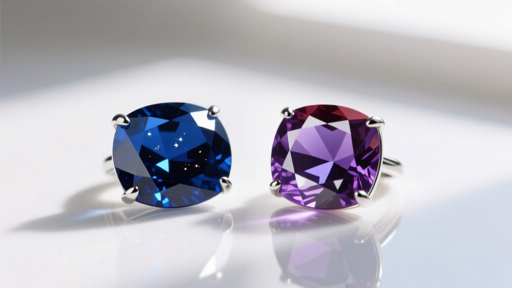 Macro shot comparing a blue sapphire and a purple-blue tanzanite gemstone side-by-side under bright jeweler's loupe lighting