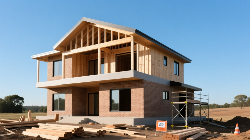 Modern two-story four bedroom house under construction with exposed wood framing and brick veneer against a clear sky
