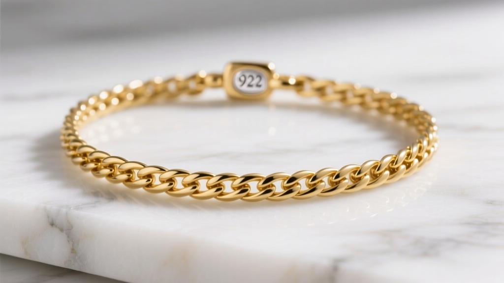 Close up of 14k gold vermeil herringbone necklace on marble showing rich gold luster and a small 925 silver hallmark on the clasp.