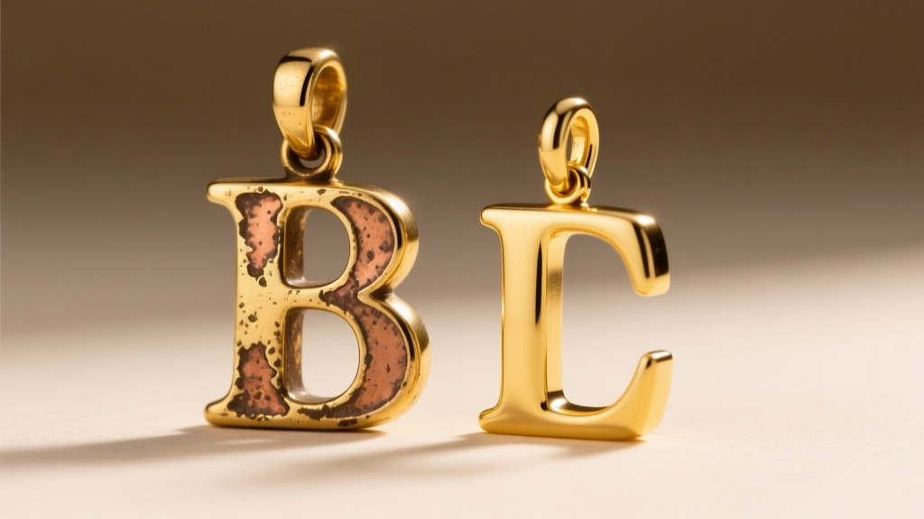 Macro view of a worn gold-plated brass initial pendant showing copper bleed beside a pristine solid 14k yellow gold letter charm.