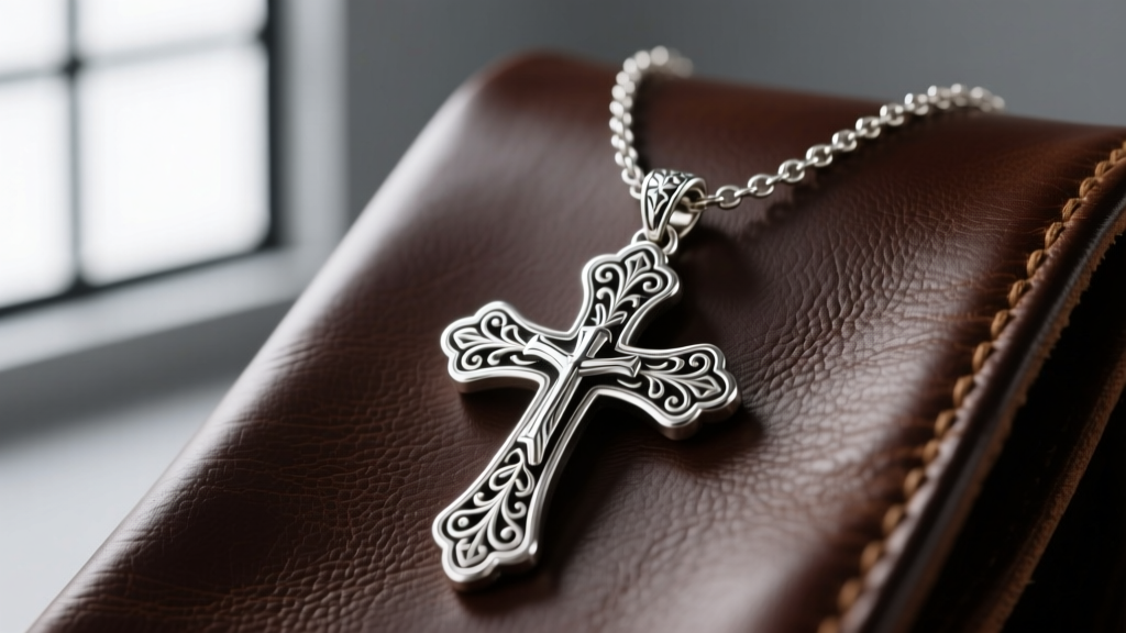 Polished sterling silver Montana Silversmith cross necklace with intricate western filigree engraving resting on dark leather