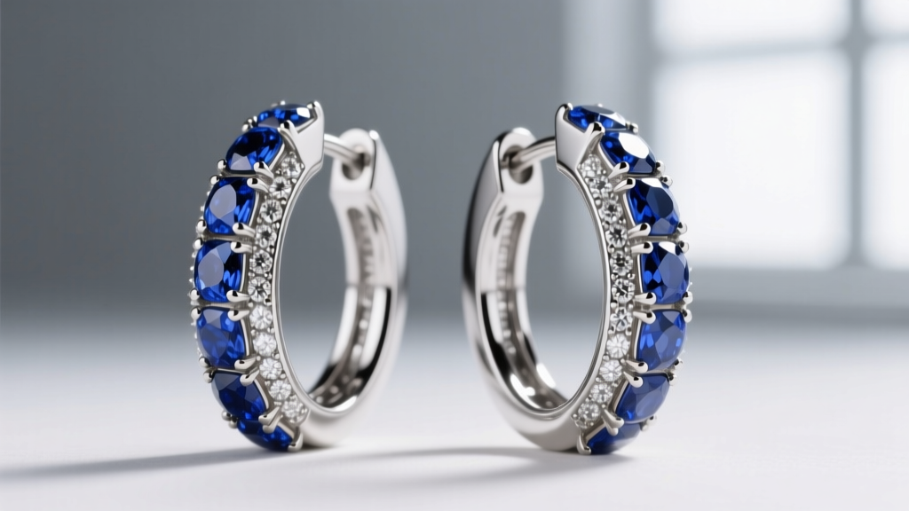 Macro shot of platinum multi gem huggie earrings with channel-set melee diamonds and sapphires, highlighting secure metal edges