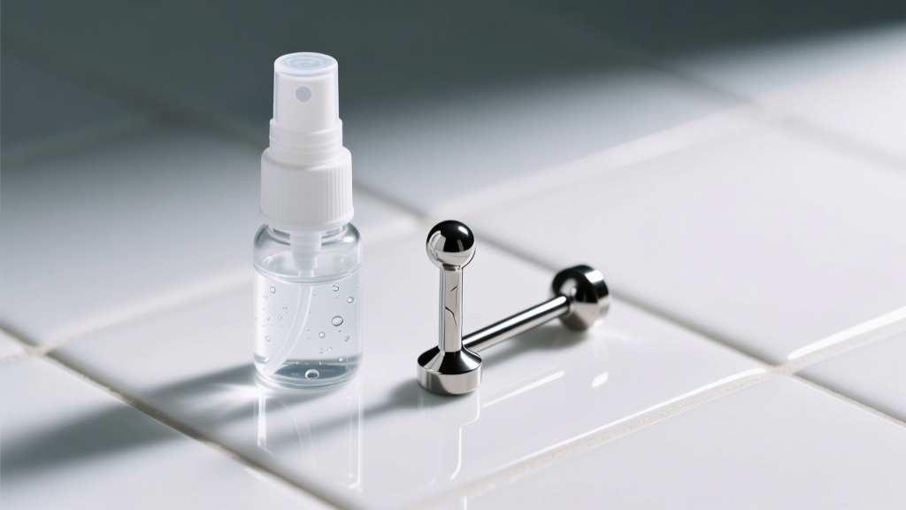 Sterile saline spray beside a polished titanium nipple barbell on a clean white ceramic tile under soft, bright studio lighting.