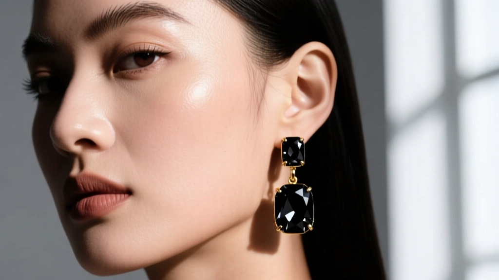 Close-up of model wearing 2.5-inch black diamond dangle earrings in blackened 18k gold, dramatic lighting highlighting dark facets
