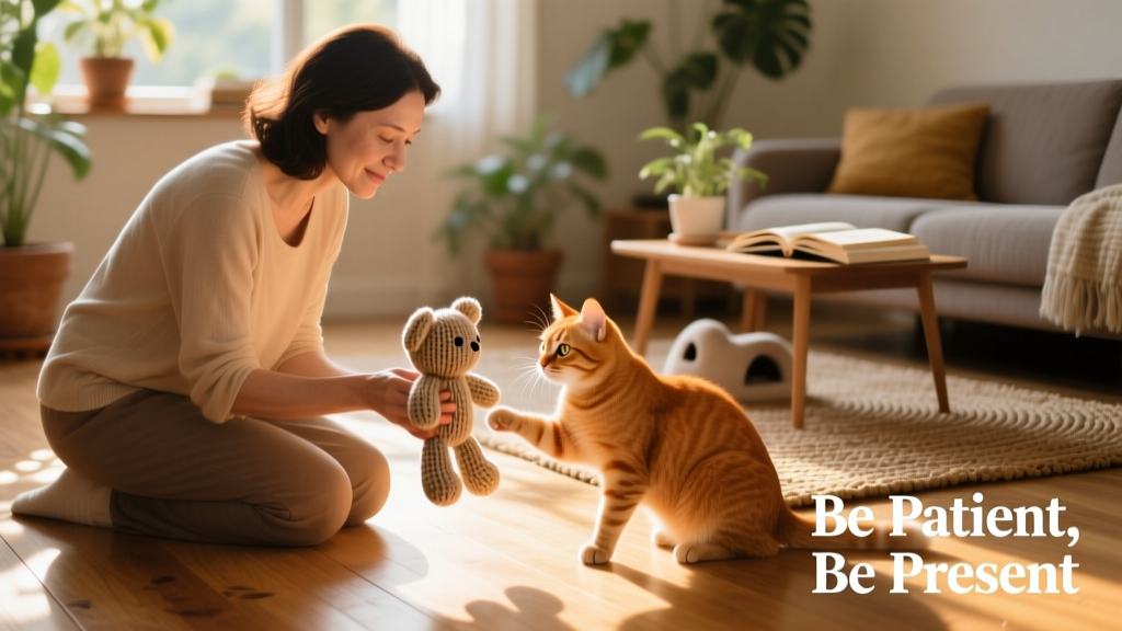 A person gently engaging with a curious cat using a soft toy