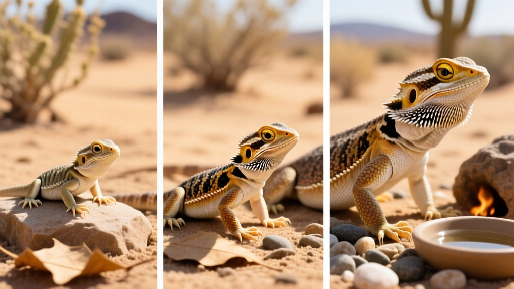 Side-by-side comparison showing hatchling, juvenile, and adult bearded dragons at different life stages