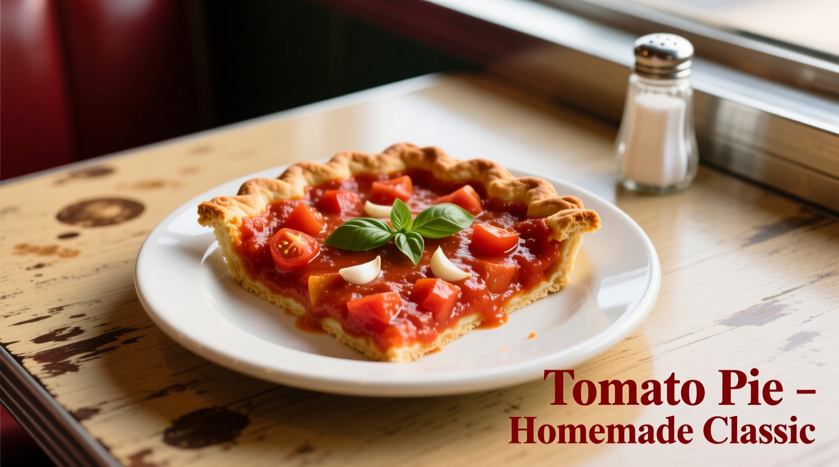 Square-cut tomato pie with vibrant red sauce on white plate