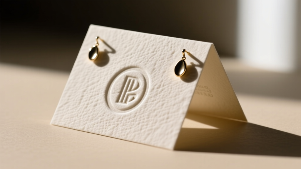 Angled view of custom earring card featuring blind debossed logo and spot UV gloss coating catching light on textured cotton paper