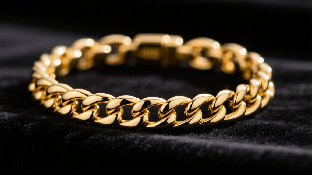 Close-up of a solid 14k yellow gold Cuban link bracelet resting on a dark velvet jeweler's bench block, soft studio lighting