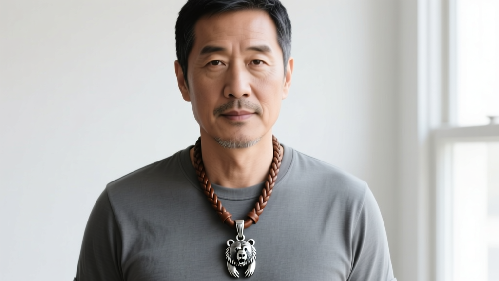 Man wearing 24-inch braided leather cord with 3-inch silver grizzly bear claw pendant resting against a plain grey cotton t-shirt.