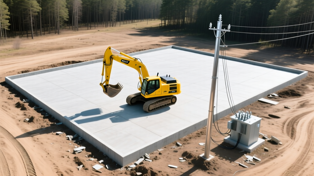 Aerial view of a cleared wooded lot with a freshly poured concrete slab foundation, yellow excavator, and temporary power pole