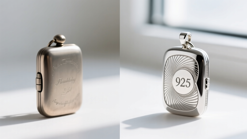 Side-by-side comparison of a cheap zinc alloy locket with blurred details next to a crisp, hand-engraved 925 silver replica.