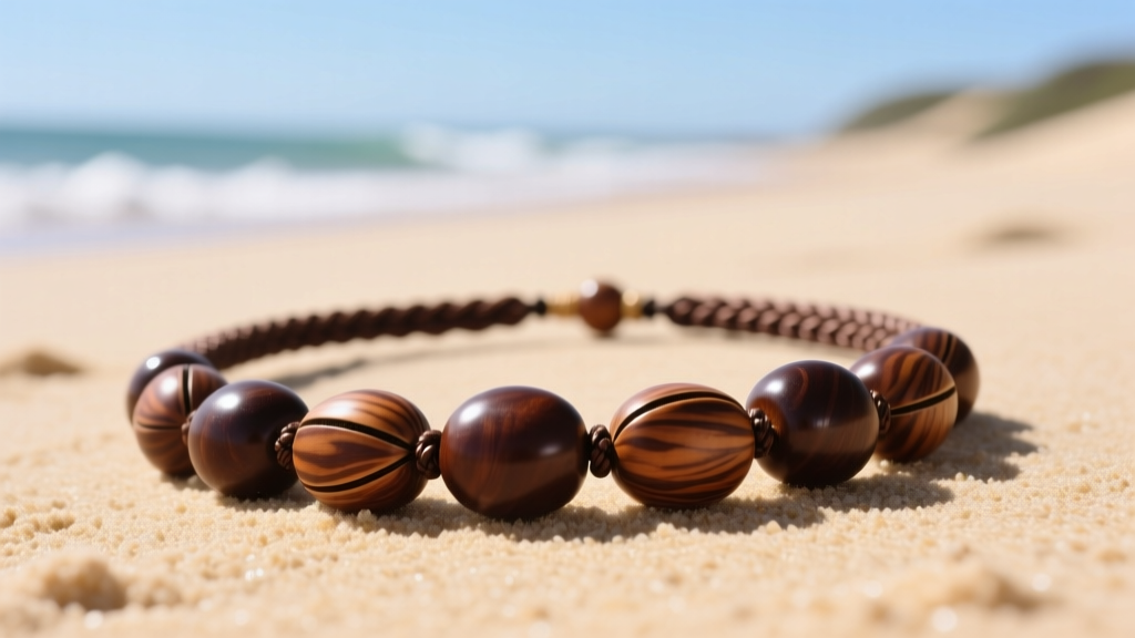 Close-up of a polished Hawaiian nut necklace with glossy dark brown kukui nuts strung on a braided cord resting on beach sand.