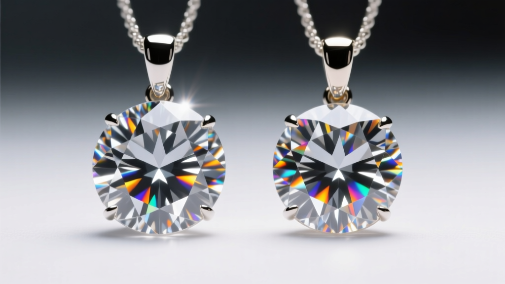 Macro view of natural and lab-grown diamond pendants showing identical facets and light dispersion under bright, focused lighting.
