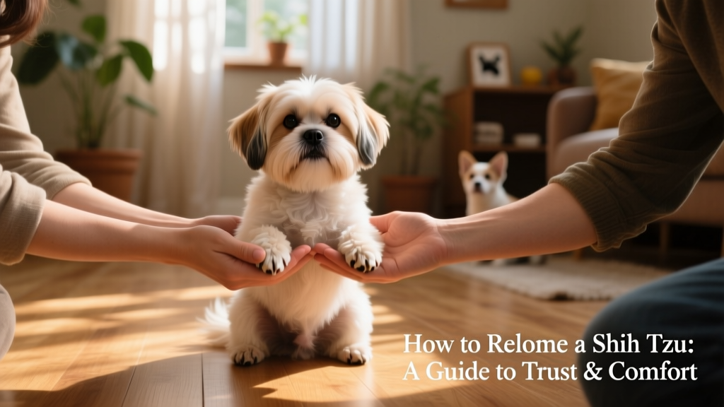 Two hands gently holding a Shih Tzu’s paws during a calm, supervised meet-and-greet between owner and prospective adopter
