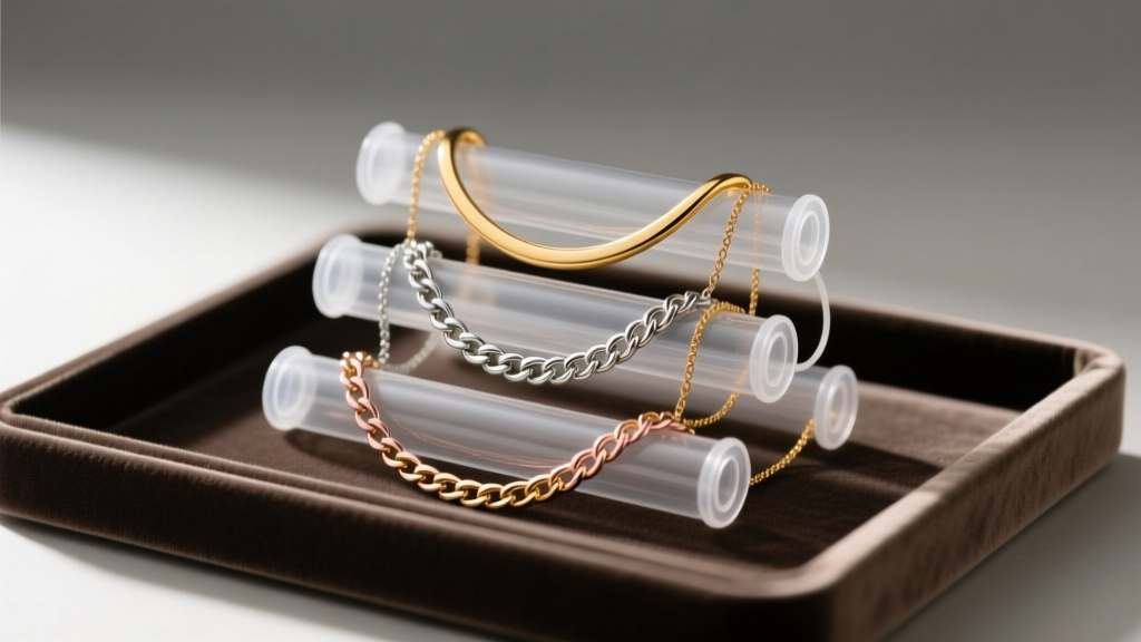 Velvet tray showing three layered necklaces secured on anti-tangle rolls with clear plastic sheets placed between each chain layer.