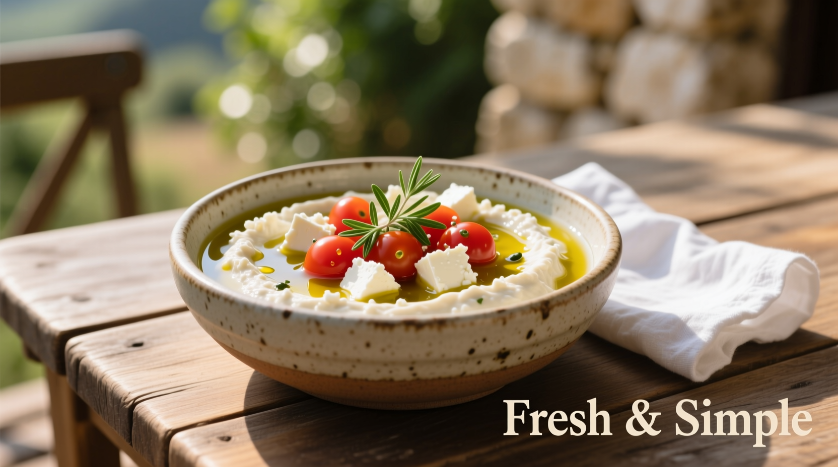 Creamy feta and tomato dip in ceramic bowl