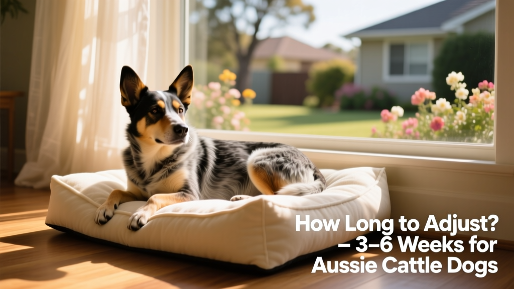 Australian Cattle Dog resting peacefully on a soft dog bed beside a window, bathed in natural light