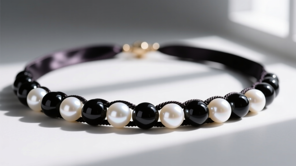 Close-up of a beaded necklace with pearl accents, showing black onyx beads and white akoya pearls strung on dark silk thread.
