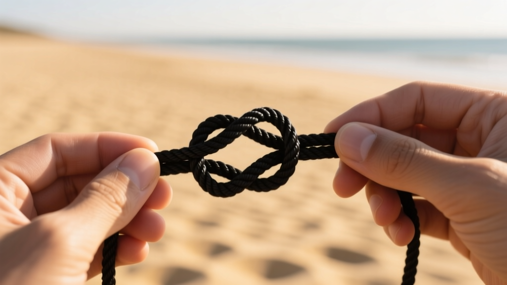 Hands tying a sliding square knot on black waxed cotton cord for a necklace against a blurred, sunlit sandy beach background.