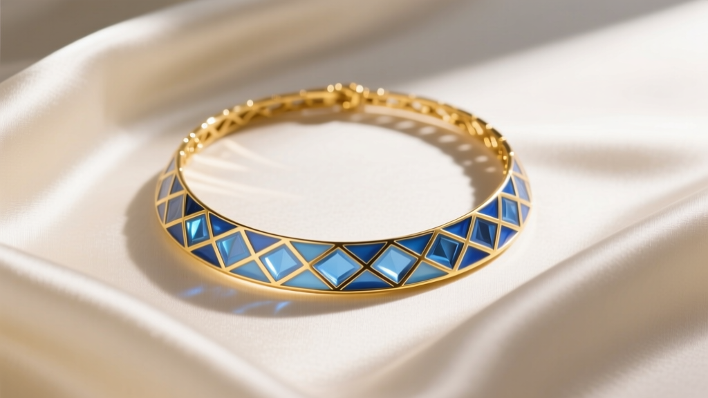 Elegant flat lay of a 14k yellow gold guilloché enamel necklace in translucent sapphire blue resting on soft cream silk fabric