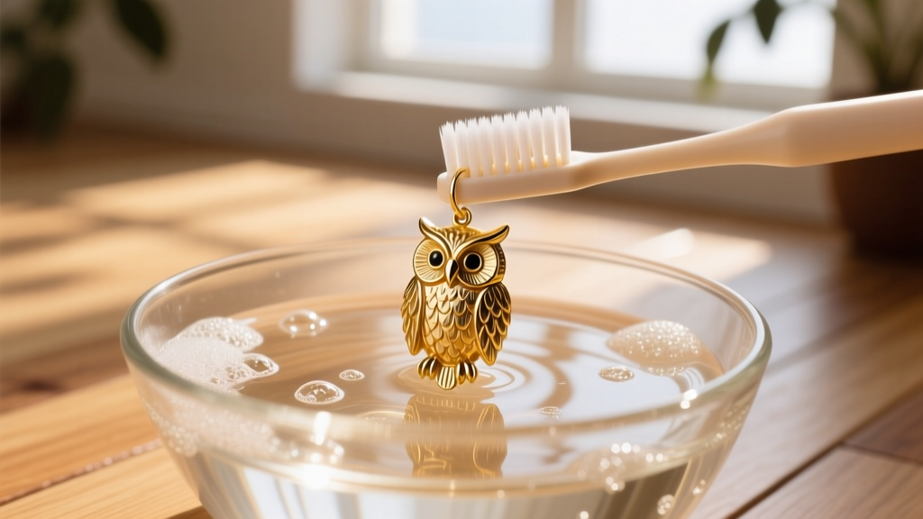 Soft toothbrush cleaning a gold vermeil owl earring in a glass bowl of warm soapy water under bright, natural window lighting.