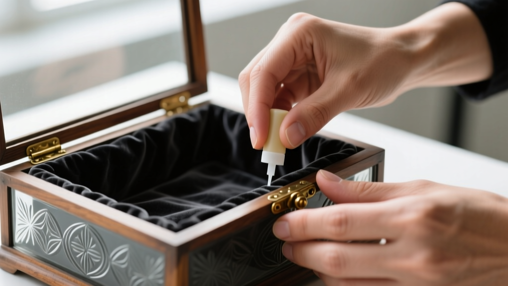 Hands applying pH-neutral adhesive to secure new charcoal anti-tarnish velvet lining inside the base of an antique glass box