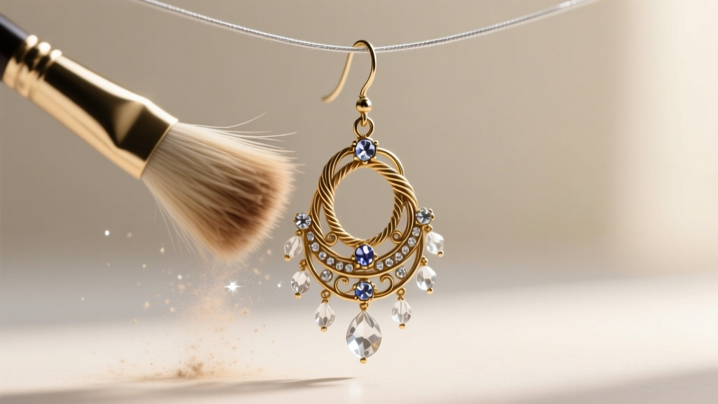 Soft horsehair brush sweeping dust from intricate brass filigree and crystal settings of a vintage Victorian-style drop earring.