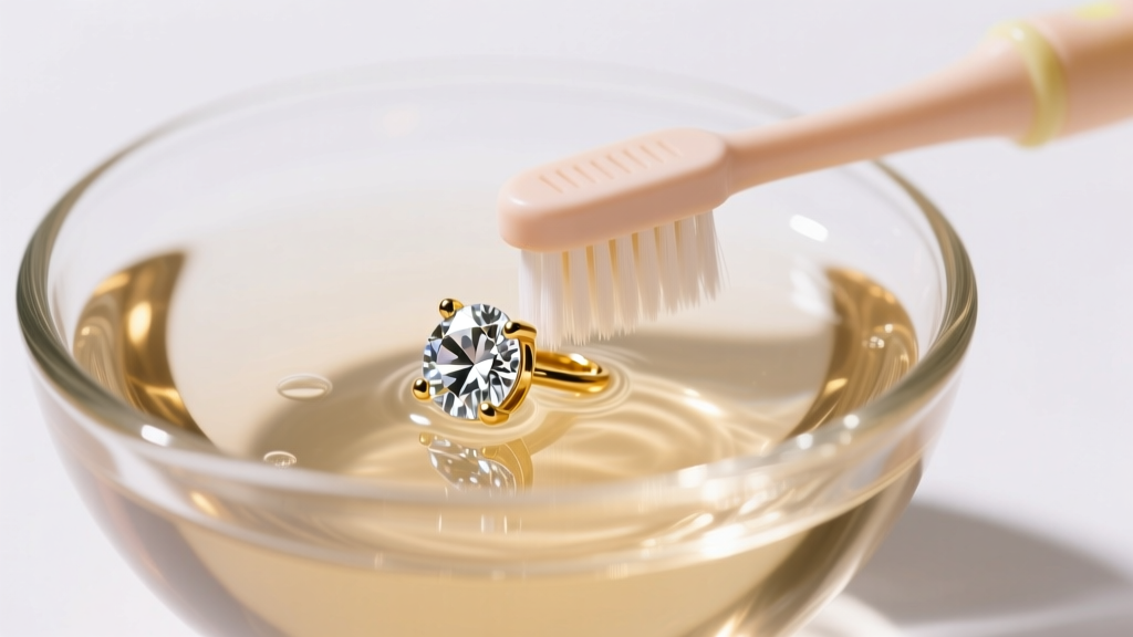 Close-up of a soft baby toothbrush gently cleaning a diamond and gold earring in a glass bowl of warm soapy water, bright lighting