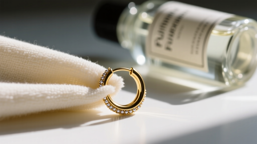 Microfiber cloth gently wiping a delicate gold-plated huggie hoop earring, with a blurred glass bottle of jewelry cleaner behind.