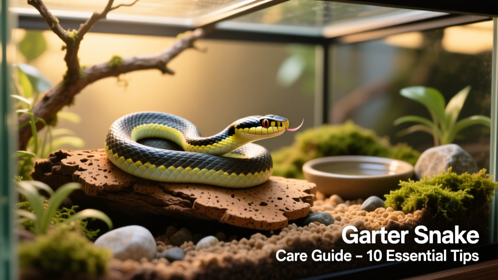 Garter snake resting on a cork bark hide with visible climbing branches and a shallow water dish in a well-decorated terrarium