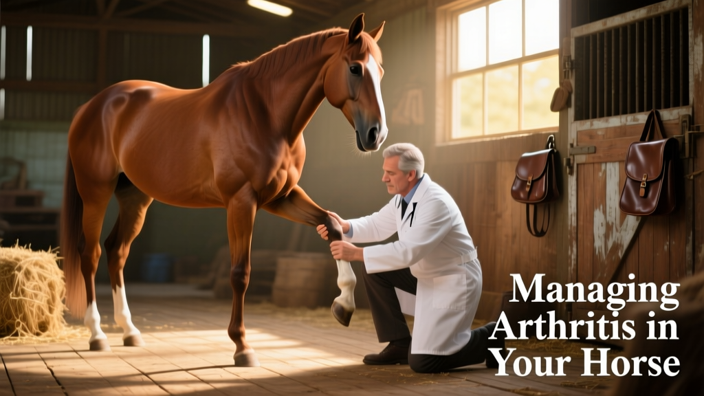 Veterinarian performing a flexion test on a horse’s fetlock while observing gait response